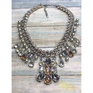 Vintage LOFT Necklace Amber Gray &‎ Gold Rhinestones Faux Pearls Dangle